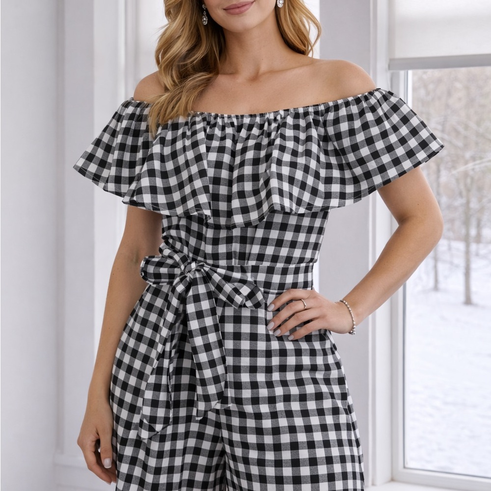 Elegant Black and White Check Off-Shoulder Jumpsuit